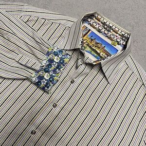 Robert Graham Shirt 2XL Multicolor Vertical Stripe Flip Cuff Floral Textured
